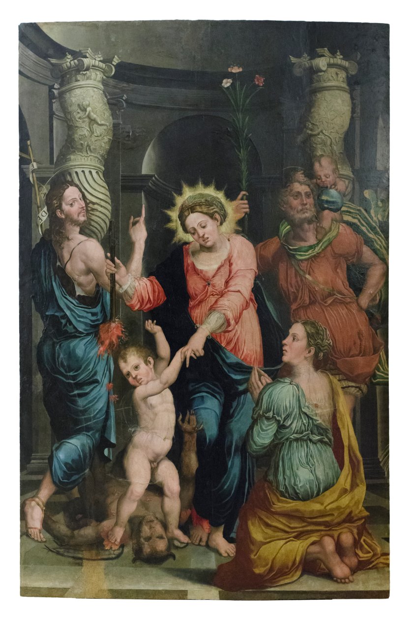 Madonna av räddningen mellan Johannes Döparen och Kristoffer av Raffaellino di Michelangelo (16th century)