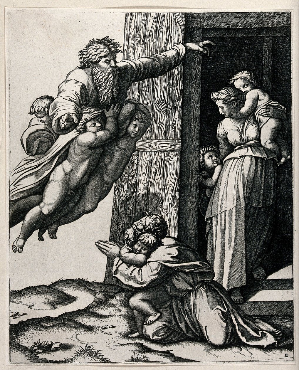 = God, supported by three angels, appearing to Noah av Raffaello Sanzio Raphael