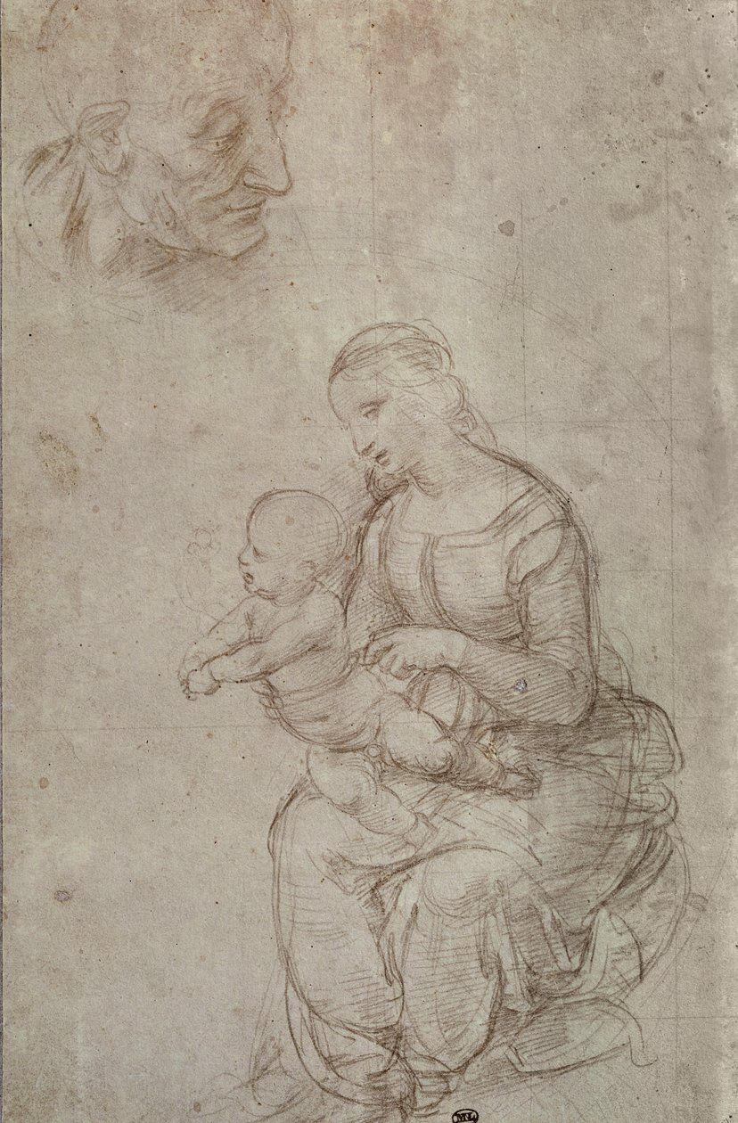 Madonna och barn och huvudet av en gammal man (metallspets på förberett ljusrosa papper) av Raffaello Sanzio Raphael