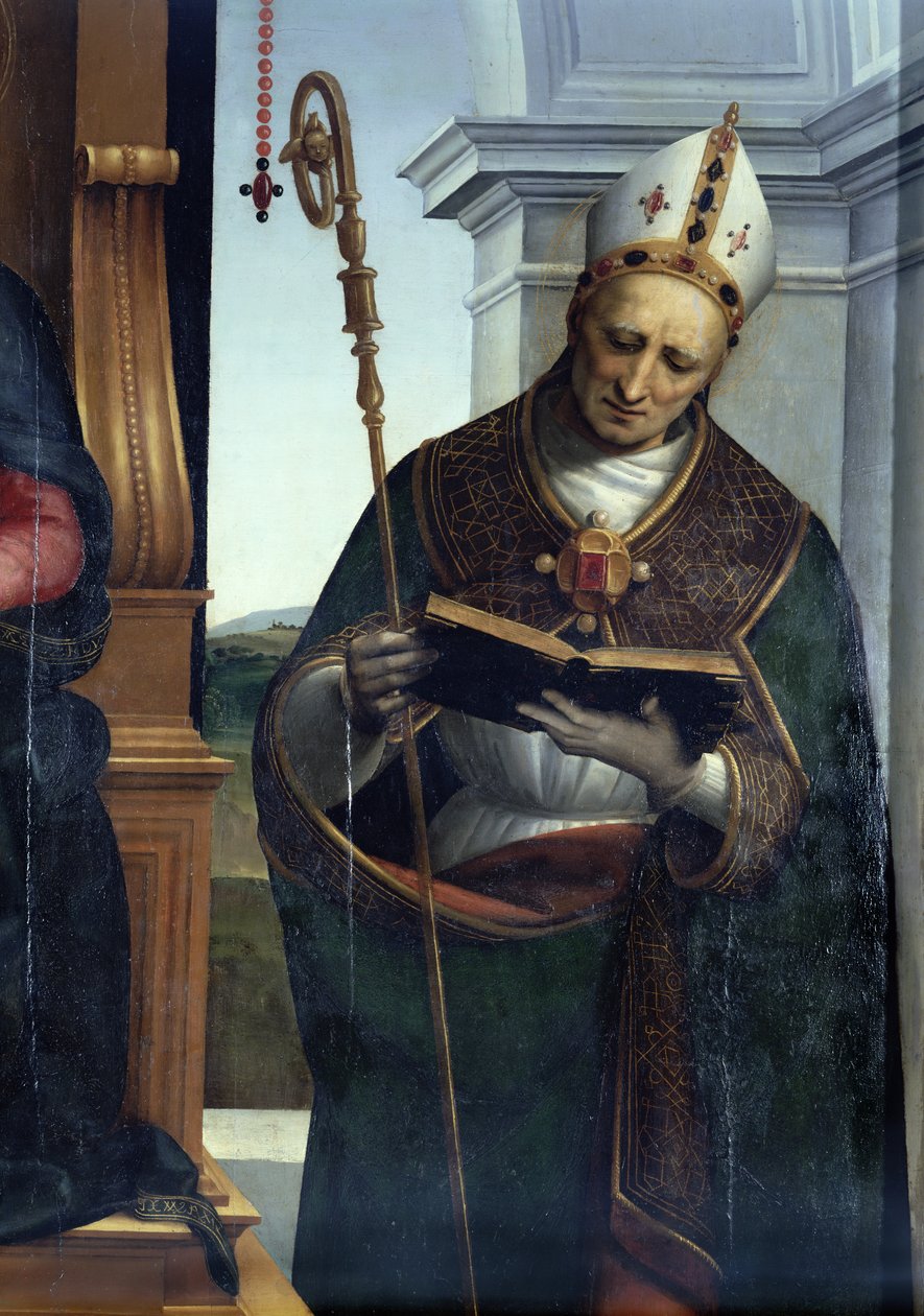 Madonnan och barnet med St. Johannes Döparen och St. Nicholas av Bari, 1505 (detalj av 30269) av Raffaello Sanzio Raphael