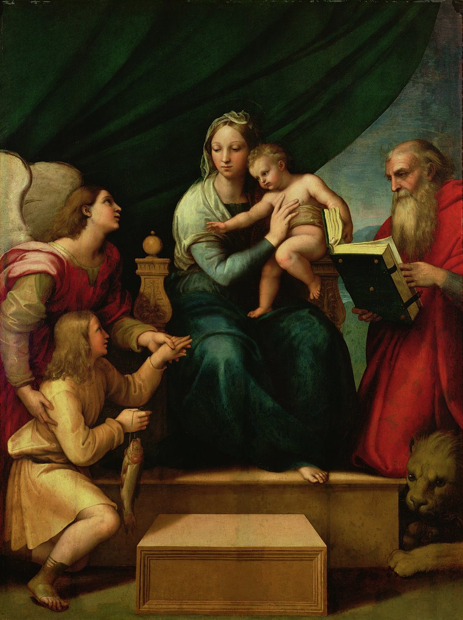 Fiskens madonna (Madonnan med ärkeängeln Gabriel och den helige Hieronymus) ca 1513 av Raffaello Sanzio Raphael