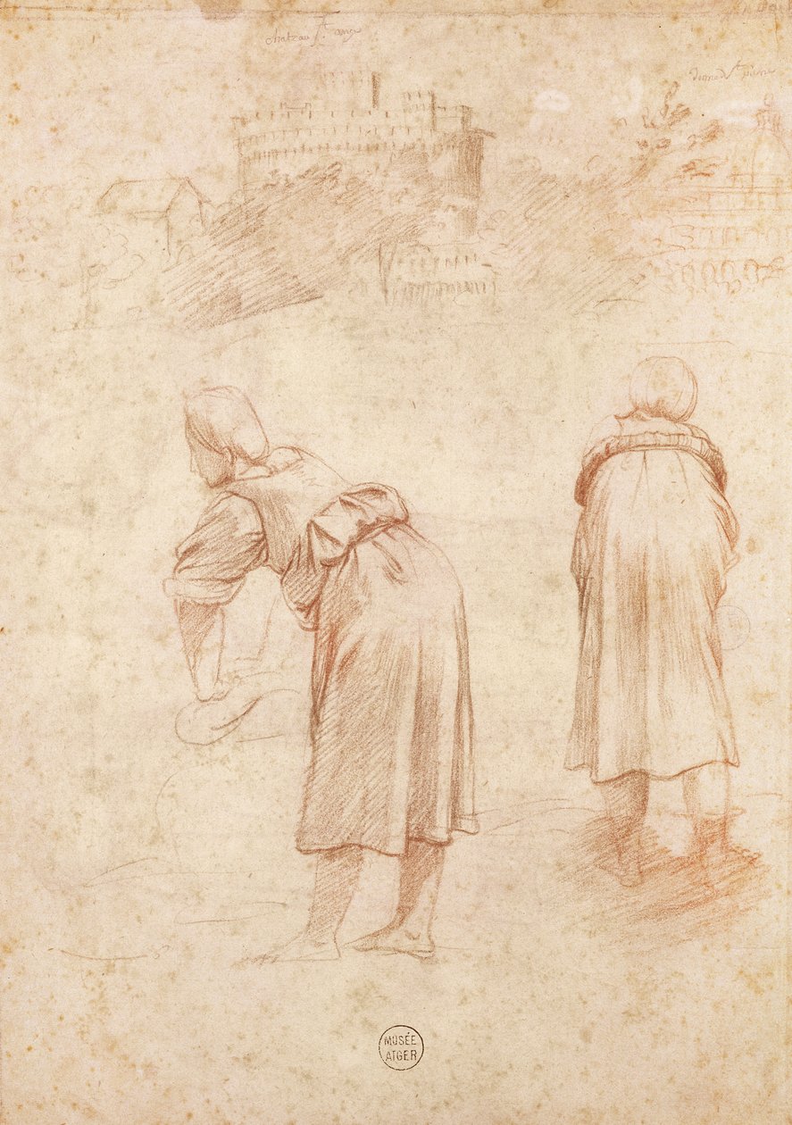 Tvättkvinnor på stranden av Tibern och studier av Chateau Saint-Ange (röd krita på papper) av Raffaello Sanzio Raphael