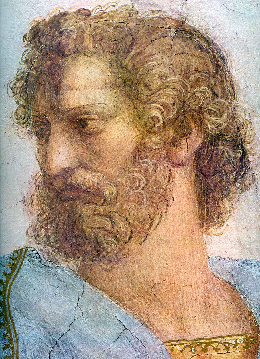 Aristoteles. Segnaturas rum. Atens skola detalj, 1509-1511 av Raffaello Sanzio Raphael