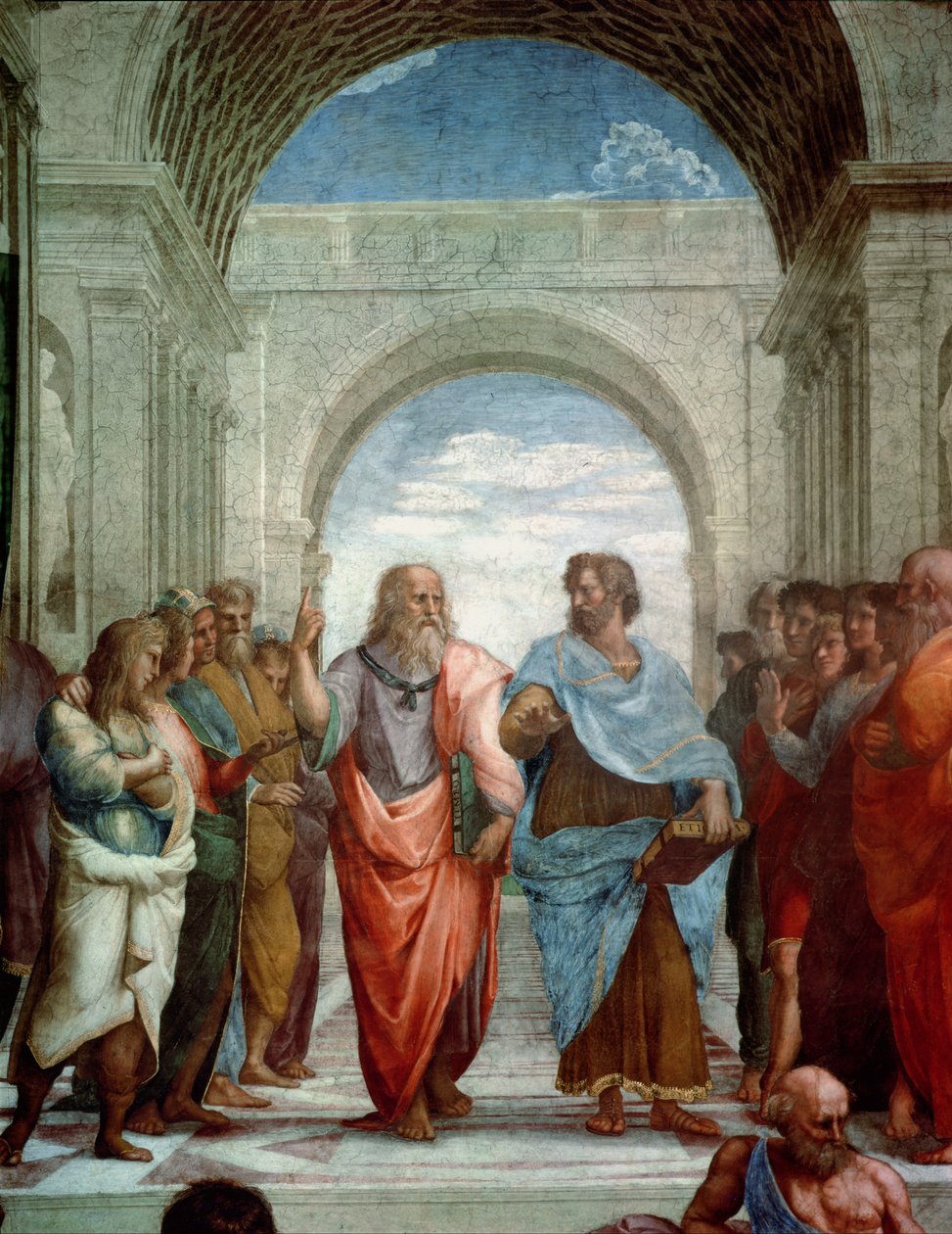 Aristoteles och Platon: detalj från Atens skola i Stanza della Segnatura, 1510-11 freskdetalj av 472 av Raffaello Sanzio Raphael