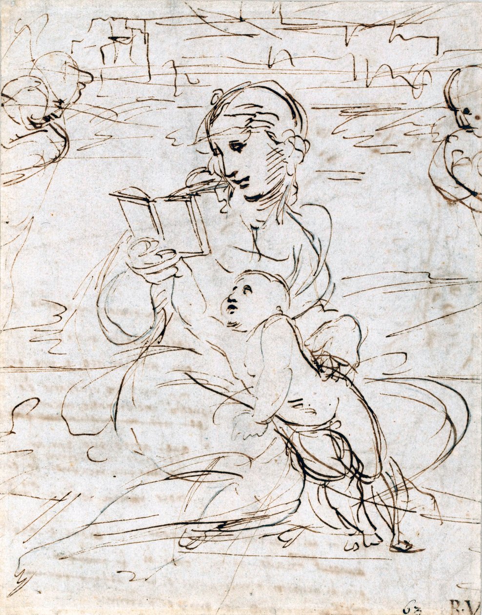 Läser Madonna och barn i ett landskap mellan två kerubhuvuden, 1509 av Raffaello Sanzio Raphael