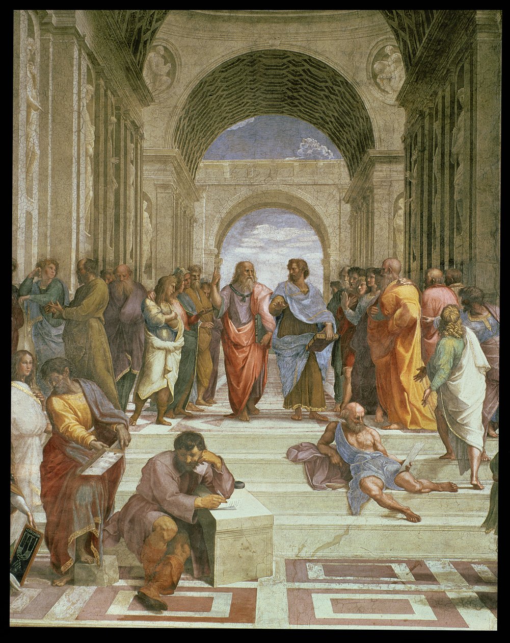 School of Athens, detalj av centrum som visar olika figurer inklusive Platon, Aristoteles, Michelangelo som Heraclitus och Diogenes, 1510-11 freskdetalj från 472 av Raffaello Sanzio Raphael