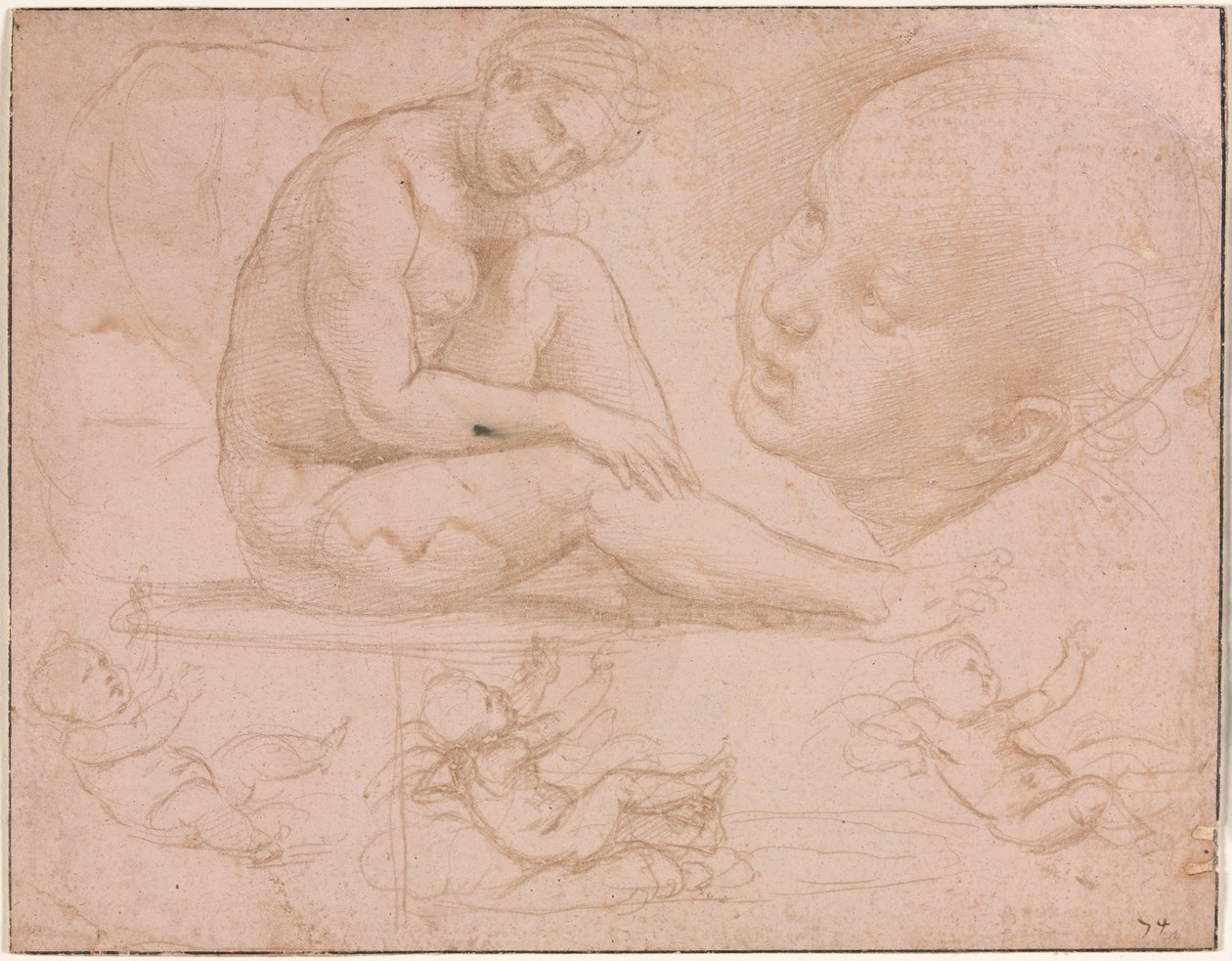 Studier av en sittande kvinna, barns huvud och tre studier av en baby, ca. 1507-8. av Raffaello Sanzio Raphael