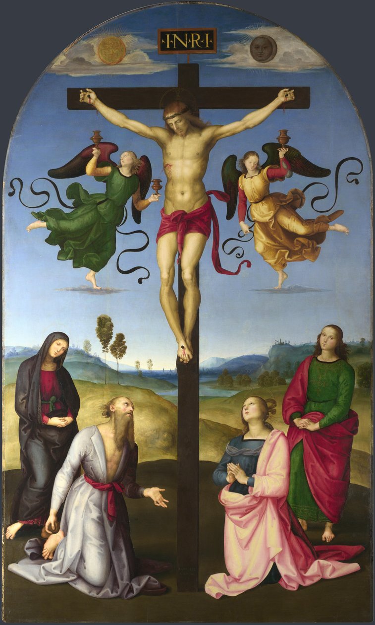 Den korsfäste Kristus med Jungfru Maria, heliga och änglar The Mond Crucifixion, 1502-1503 av Raffaello Sanzio Raphael