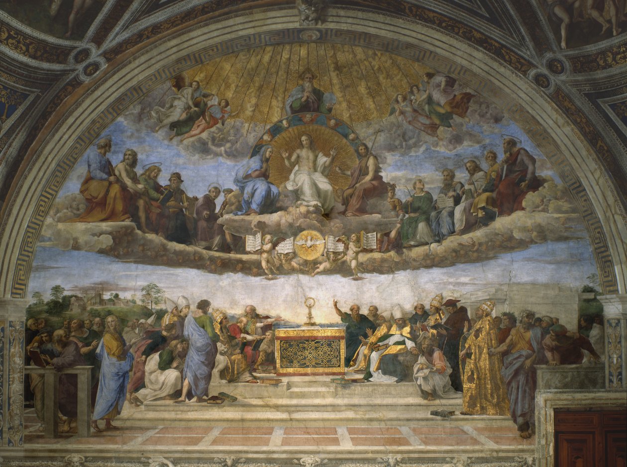 Disputationen av det heliga sakramentet, från Stanza della Segnatura, 1509-10 av Raffaello Sanzio Raphael