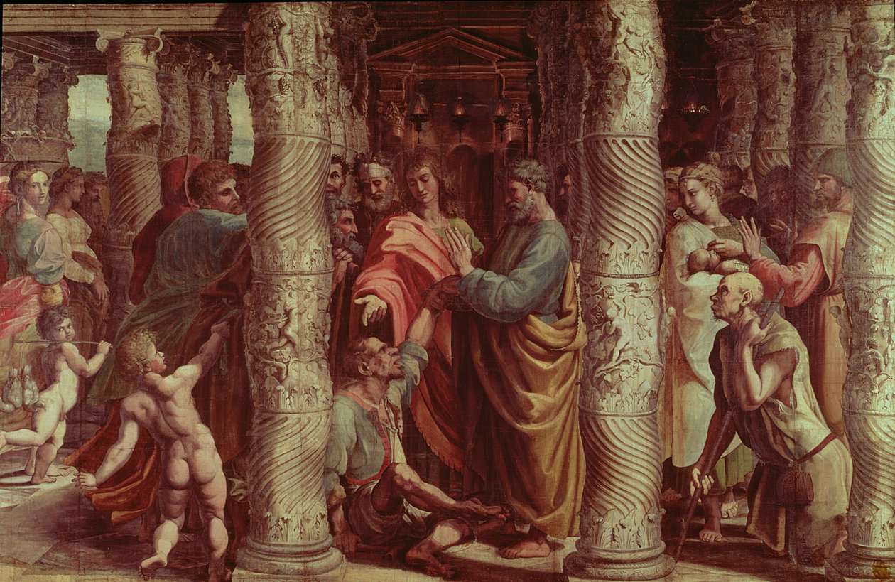The Healing of the Lame Man (tecknad film för Sixtinska kapellet) (PRE RESTORATION) av Raffaello Sanzio Raphael