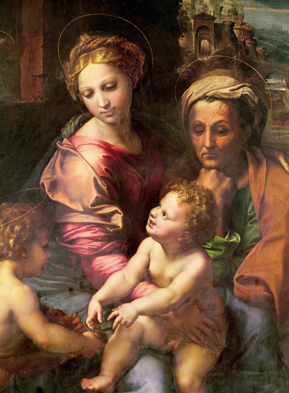 The Holy Family (eller The Pearl), detalj: Jungfrun, Saint Elizabeth and Child, ca 1518 (olja på trä) av Raffaello Sanzio Raphael