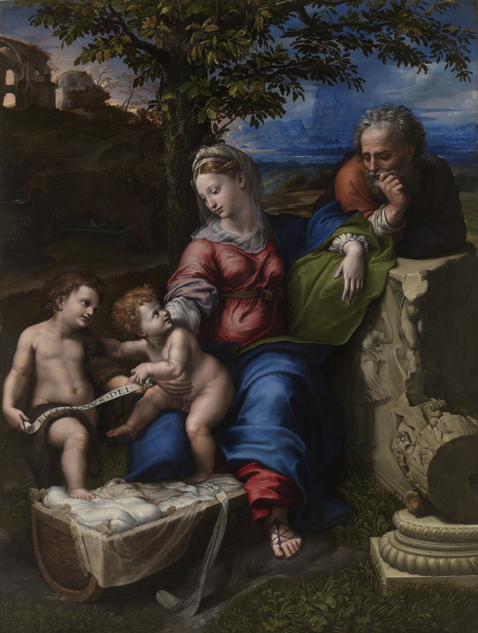 Den heliga familjen under ett ek, ca 1518 av Raffaello Sanzio Raphael
