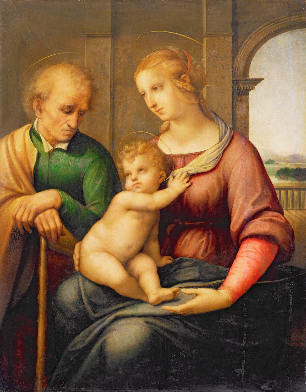 The Holy Family, eller Madonna with the Beardless Joseph, c.1506 (tempera och olja på duk överförd från panel) av Raffaello Sanzio Raphael