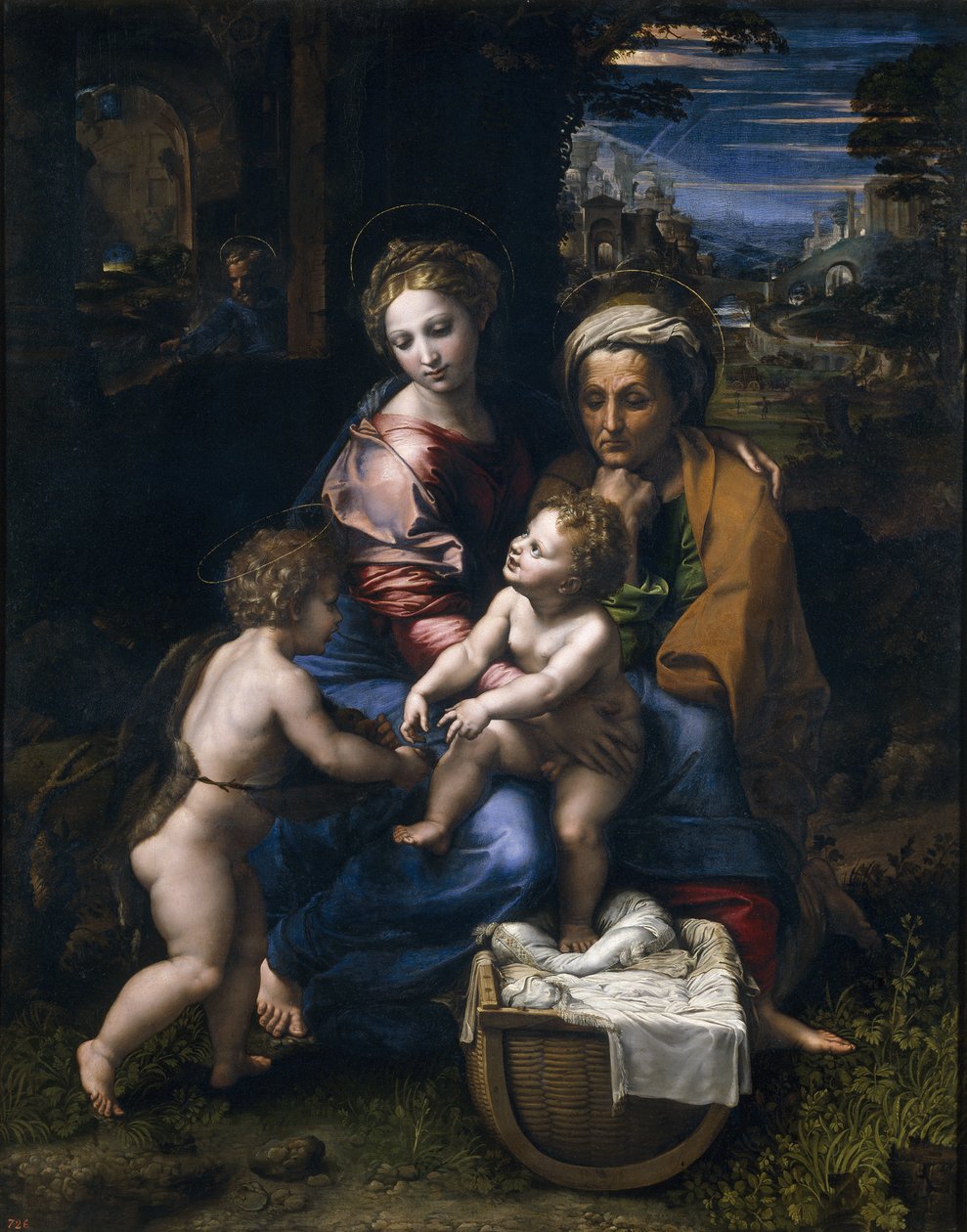 Den heliga familjen med Johannes Döparen och Saint Elizabeth La Perla av Raffaello Sanzio Raphael