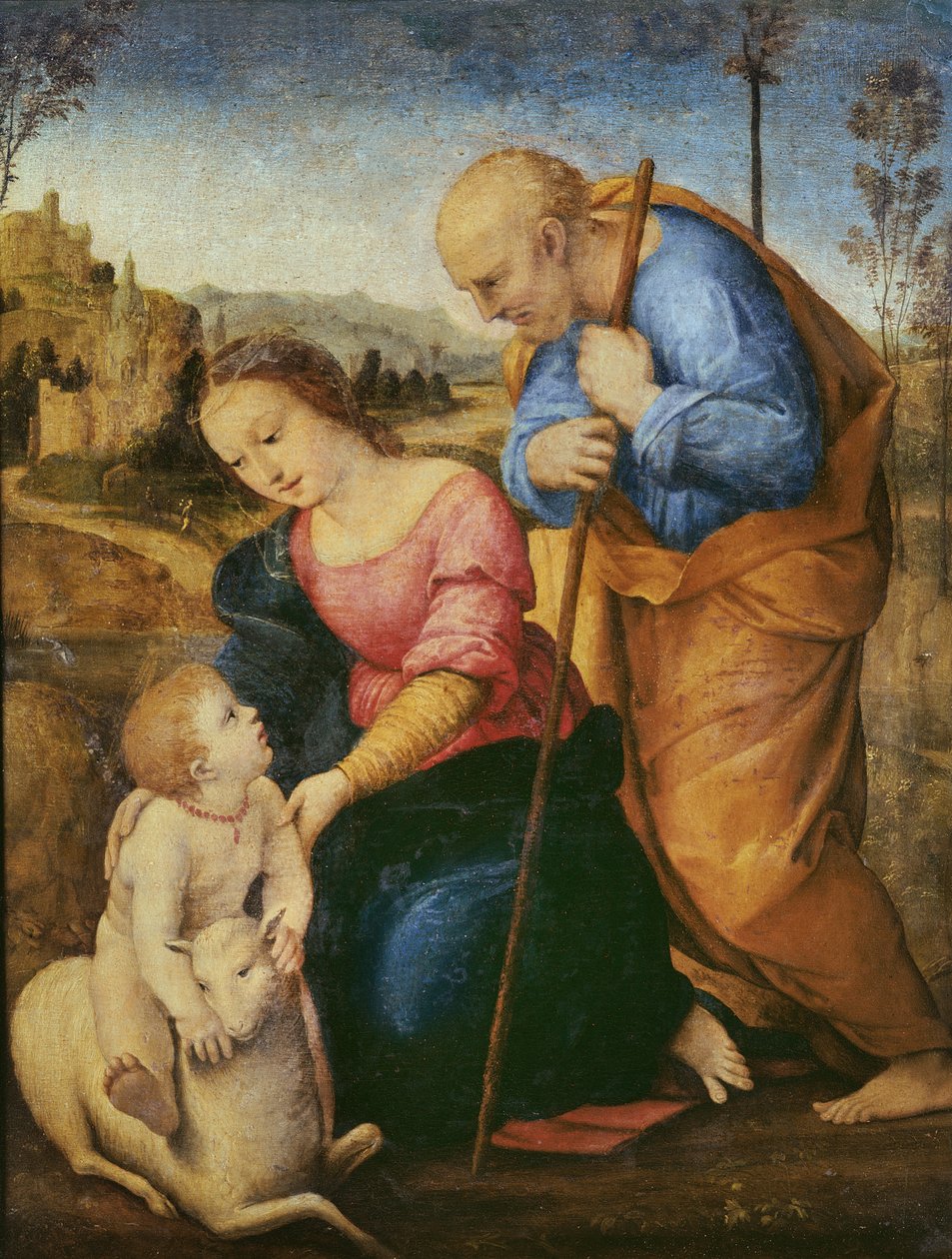 Den heliga familjen med ett lamm (olja på trä) av Raffaello Sanzio Raphael