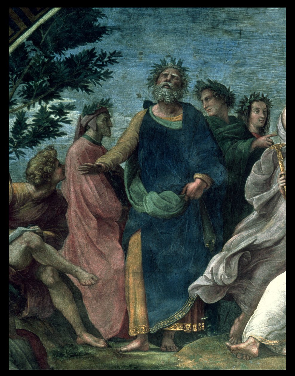 O le Parnassus, auiliiliga o Homer, Dante ma Virgil, i le Stanze della Segnatura, 1510-11 swed av Raffaello Sanzio Raphael