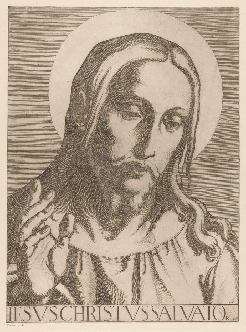 Kristus Jesus Christ Salvator Mudi (titel på objekt) Kristus, Maria och de tolv apostelen (serietitel) The Sacred Apostolic College (serietitel) av Raffaello Schiaminossi