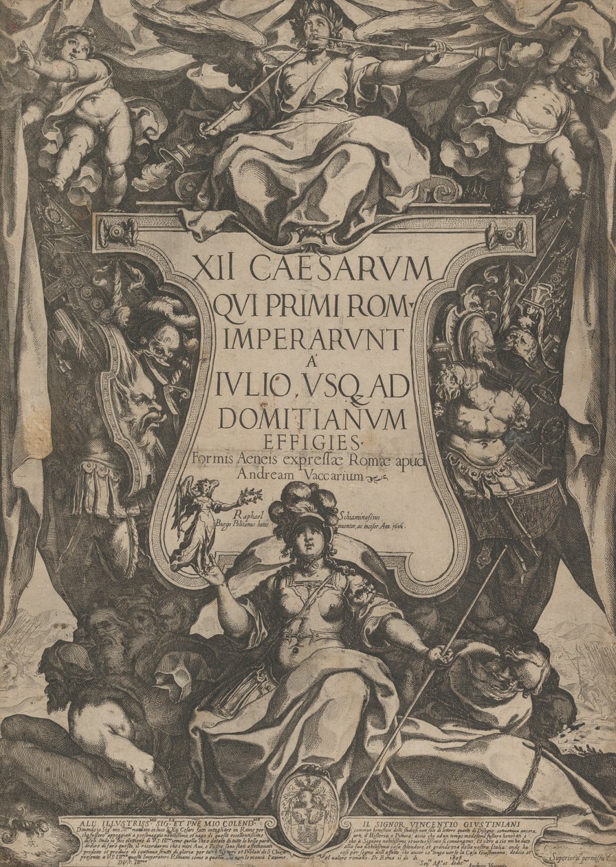 Frontispice med en trumpetare som låter trumpeter sittande ovanpå en kartusch flankerad av tr..., 1606. av Raffaello Schiaminossi