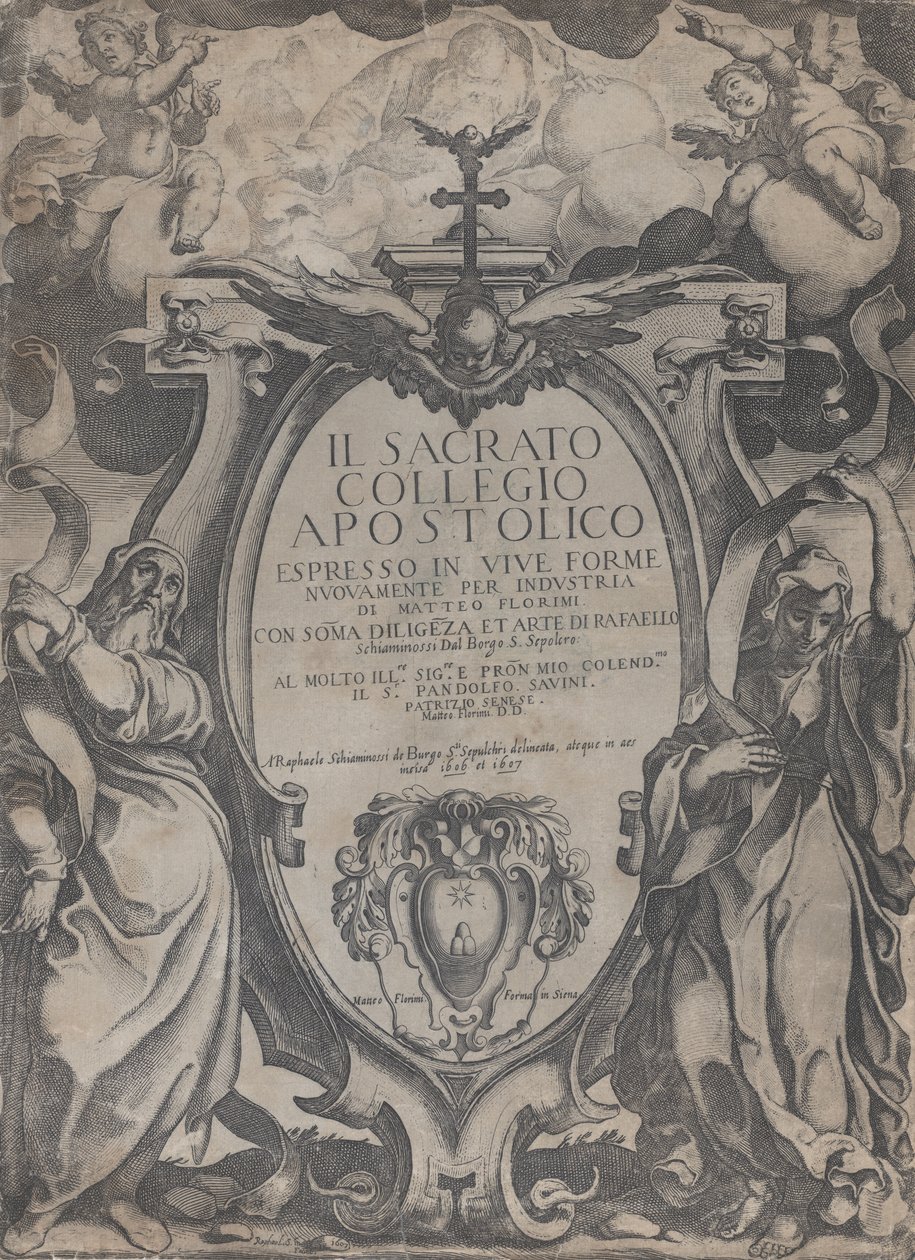 Frontispice med två figurer som håller rullar och keruber som flankerar kartuschen vid cen..., 1606-07. av Raffaello Schiaminossi