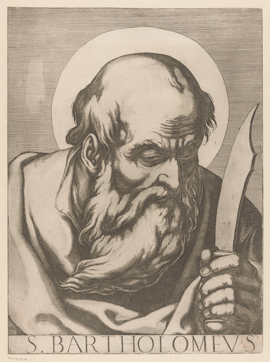 Sankt Bartolomeus S. Bartholomew (titel på objekt) Kristus, Maria och de tolv apostlarna (serietitel) Il sacrato collegio apostolico (serietitel) av Raffaello Schiaminossi