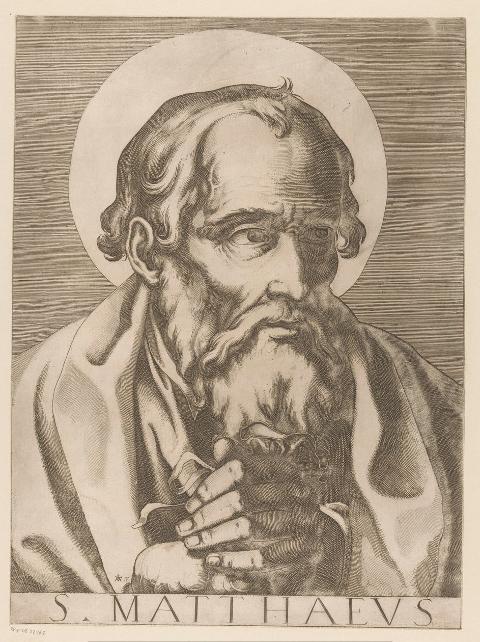 Sankt Matteus S. Matthaeus (titel på objekt) Kristus, Maria och de tolv apostlarna (serietitel) Il sacrato collegio apostolico (serietitel) av Raffaello Schiaminossi