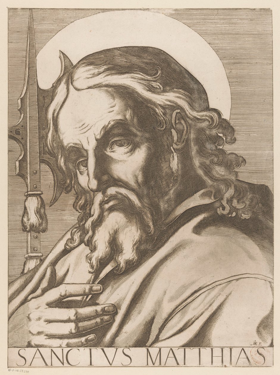 Sankt Matteus Saint Matthias (titel på objekt) Kristus, Maria och de tolv apostelen (serietitel) The Sacred Apostolic College (serietitel) av Raffaello Schiaminossi