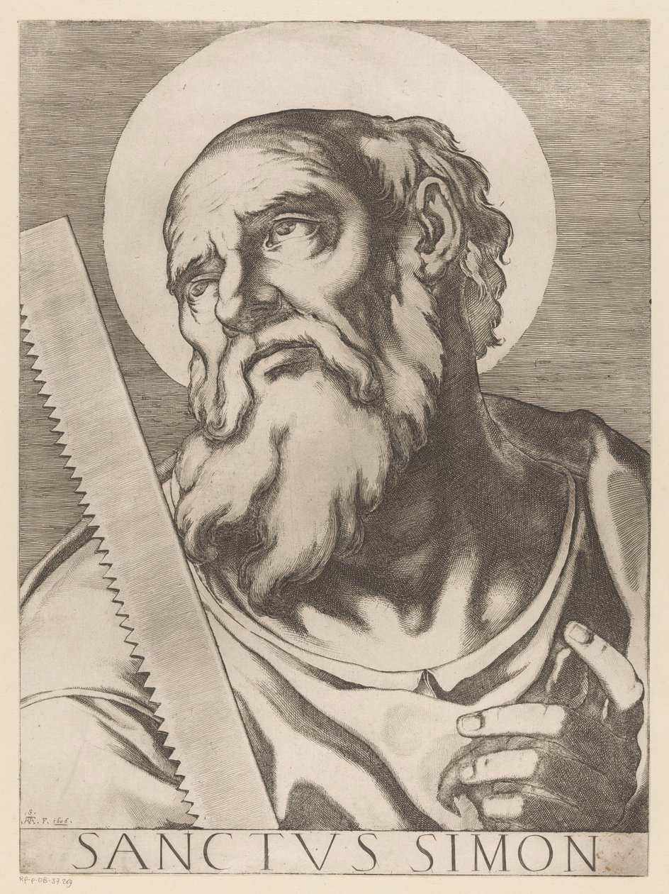 Saint Simon Zelotes Saint Simon (titel på objekt) Kristus, Maria och de tolv apostelen (serietitel) The Sacred Apostolic College (serietitel) av Raffaello Schiaminossi