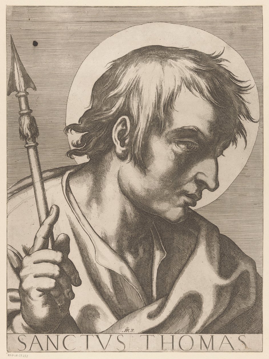 Sankt Thomas Saint Thomas (titel på objekt) Kristus, Maria och de tolv apostelen (serietitel) The Sacred Apostolic College (serietitel) av Raffaello Schiaminossi