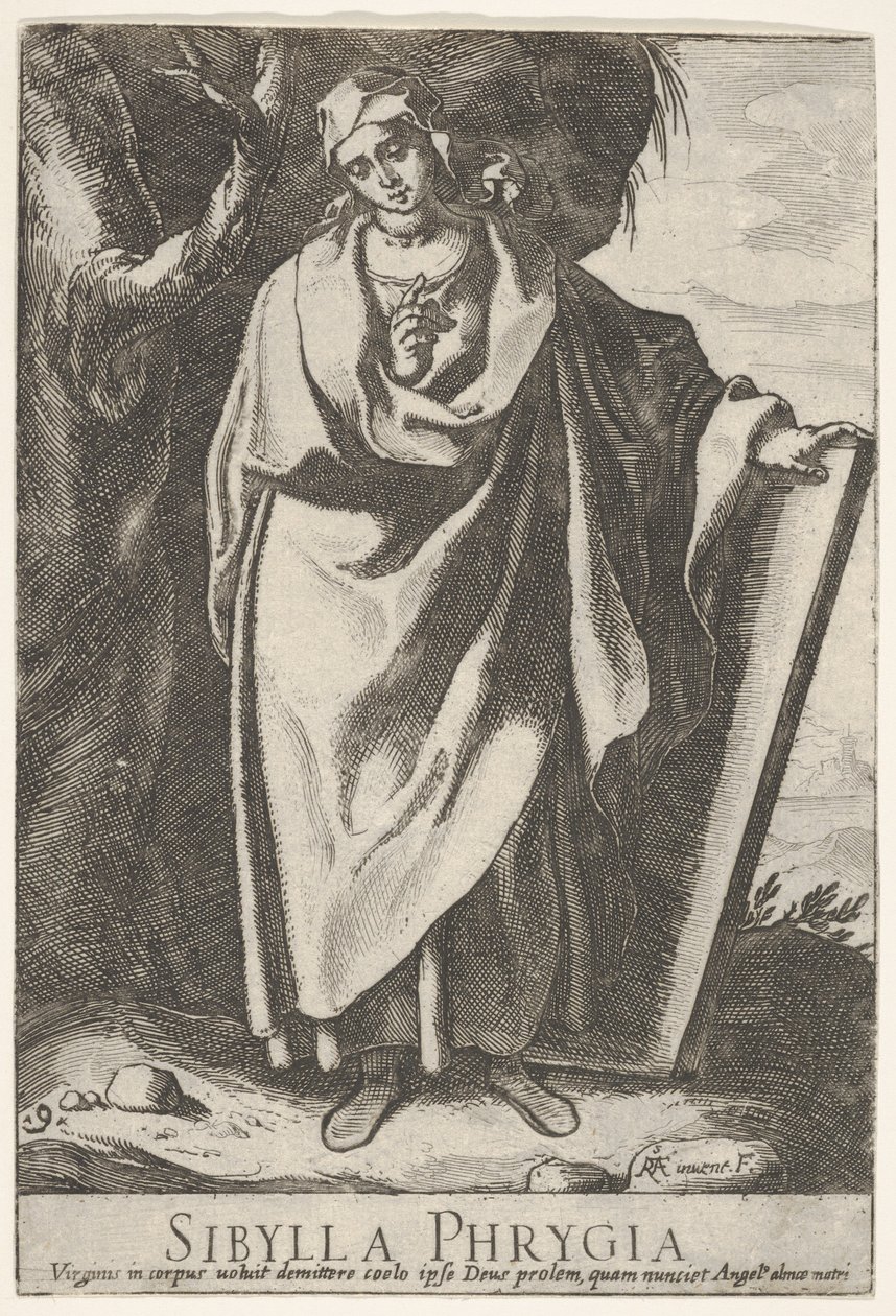 Plåt 9: den frygiska sibyllan som håller toppen av en tablett med vänster hand och pekar mot..., 1609. av Raffaello Schiaminossi