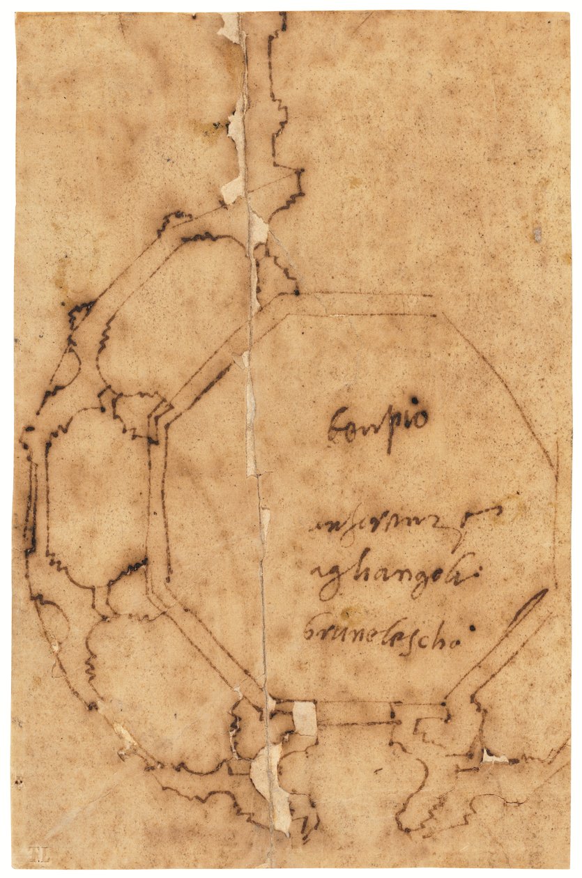 Grundplan över Santa Maria degli Angeli, Florens (penna och brunt bläck, på oljat kalkerpapper) av Raffaello da Montelupo
