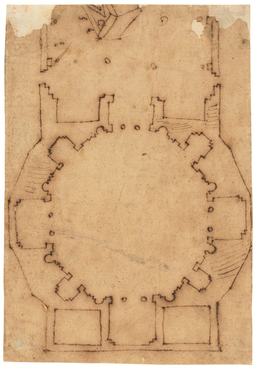 Grundplanen till en kyrka (penna och brunt bläck, på oljat kalkerpapper) av Raffaello da Montelupo
