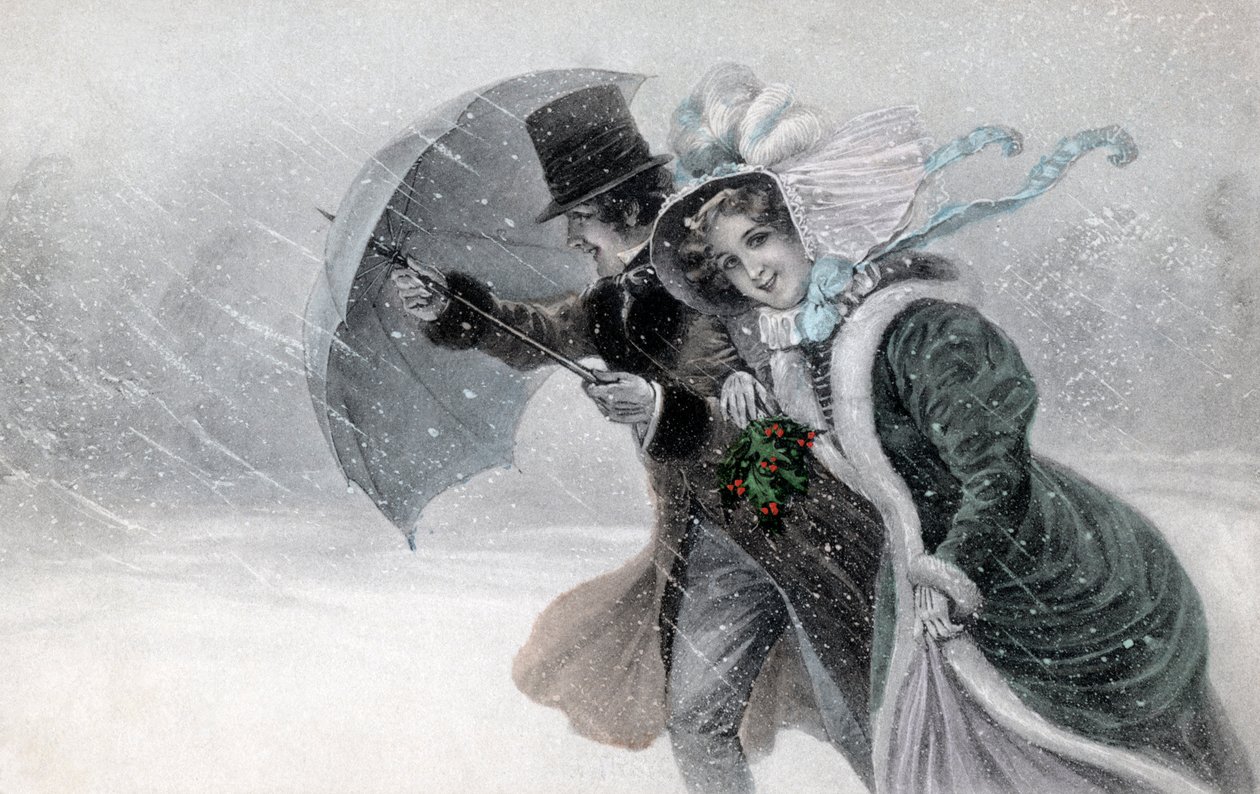 Par i snöstorm med paraply slutet av 19-talet/början av 20-talet (tryck) av Raimund Ritter Von Brennerstein (1862 1925) Wichera