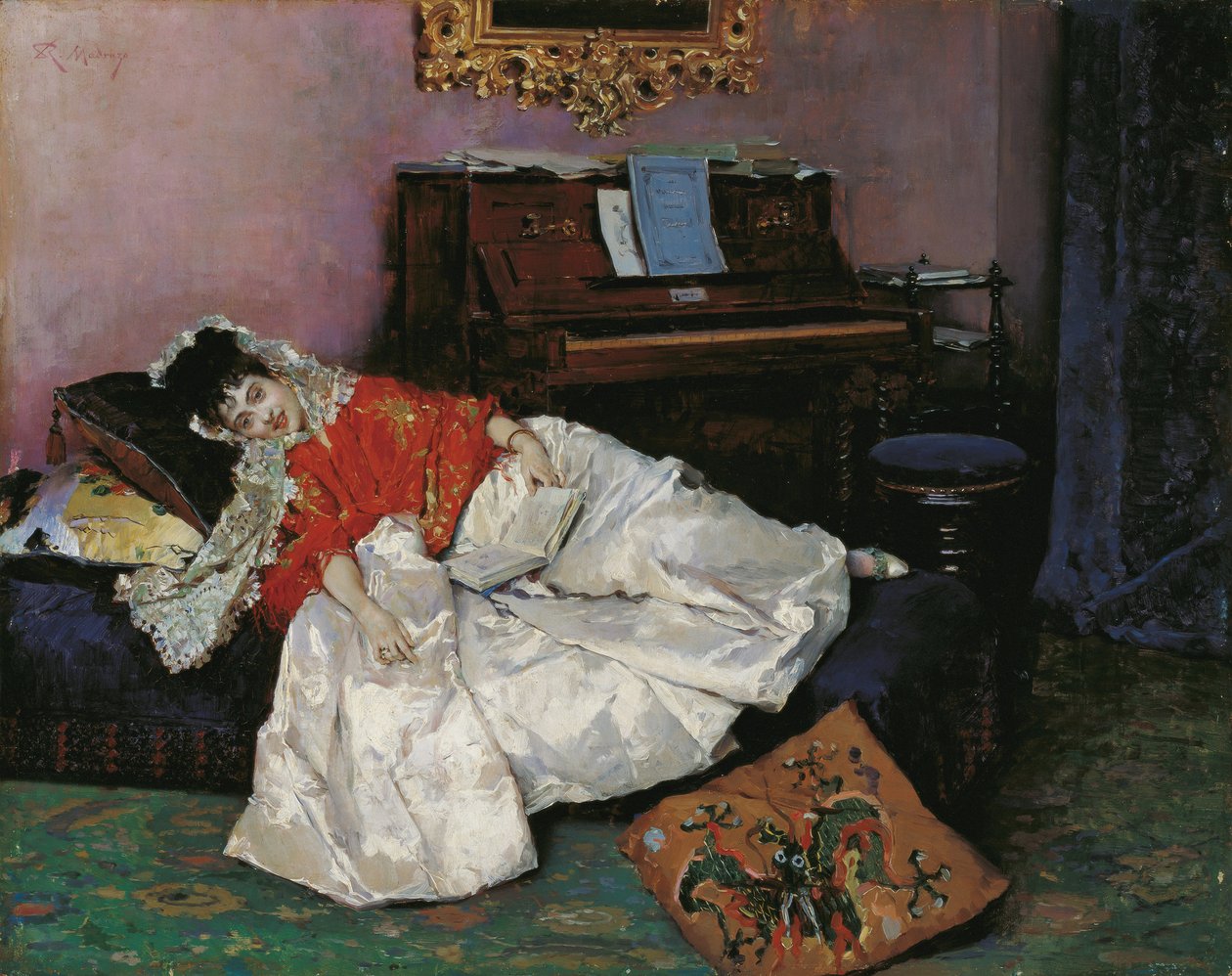 ""Läsningen"" Porträtt av Aline Masson vetue a la japonaise (Japonisme) Målning av Raimundo de Madrazo y Garreta (1841-1920) 1883-1885 Museo Carmen Thyssen, Malaga Spanien av Raimundo de Madrazo y Garreta