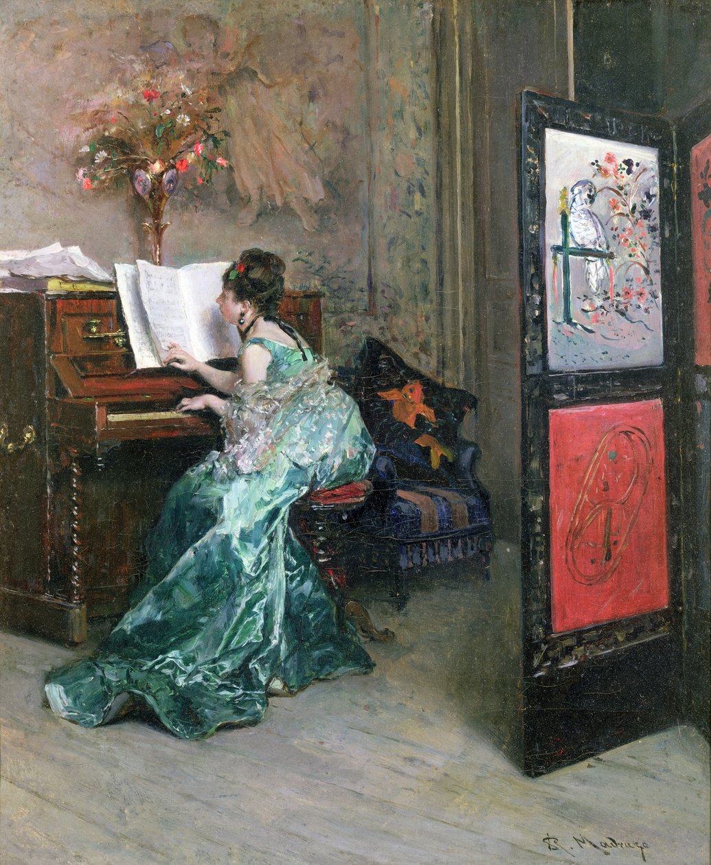 Dam som spelar piano i en interiör av Raimundo de Madrazo y Garreta