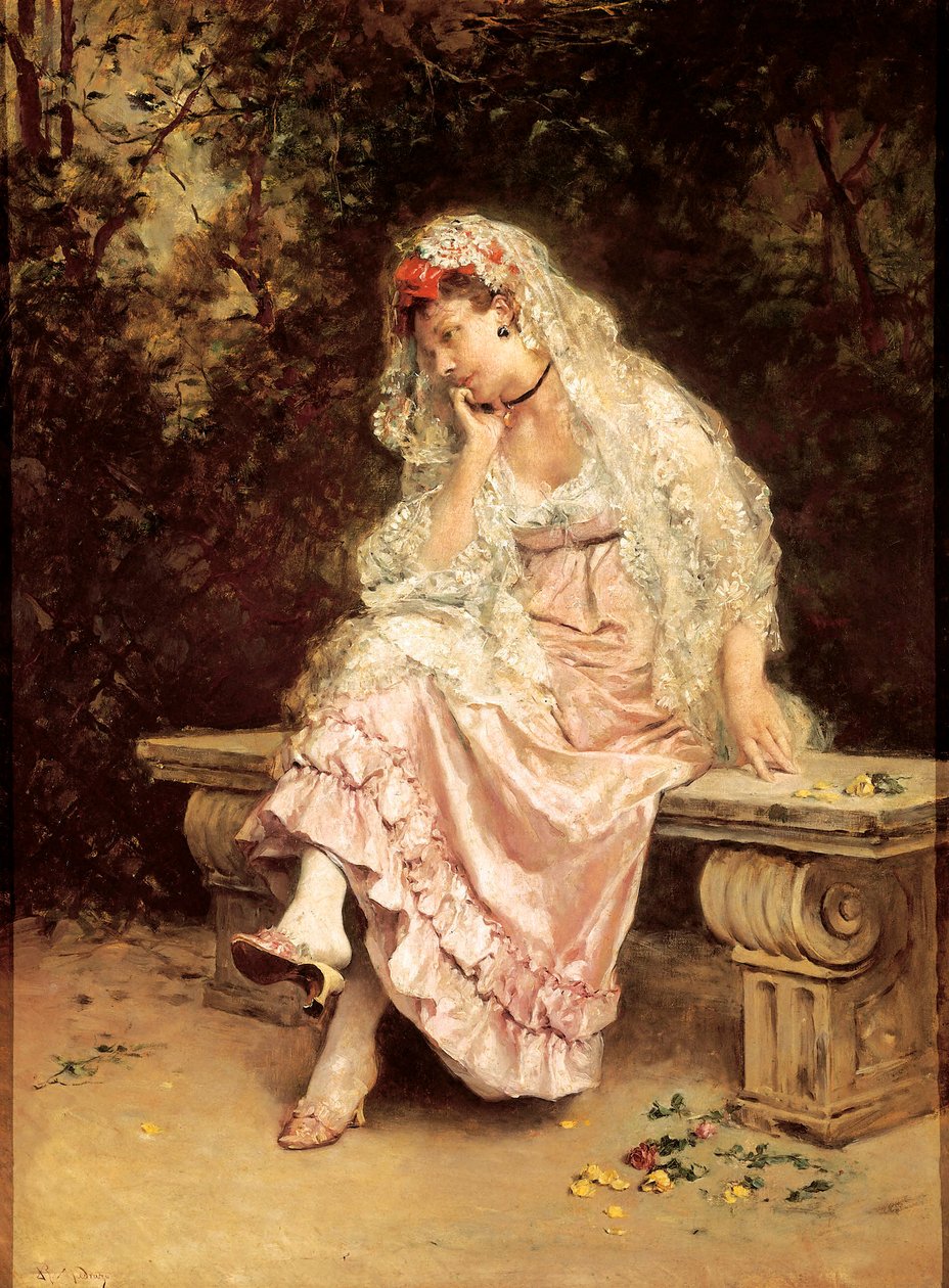 "" Ung kvinna i en trädgård "" Målning av Raimundo Madrazo (1841-1920). Omkring 1900. Bilbao, Museum of Fine Arts. av Raimundo de Madrazo y Garreta