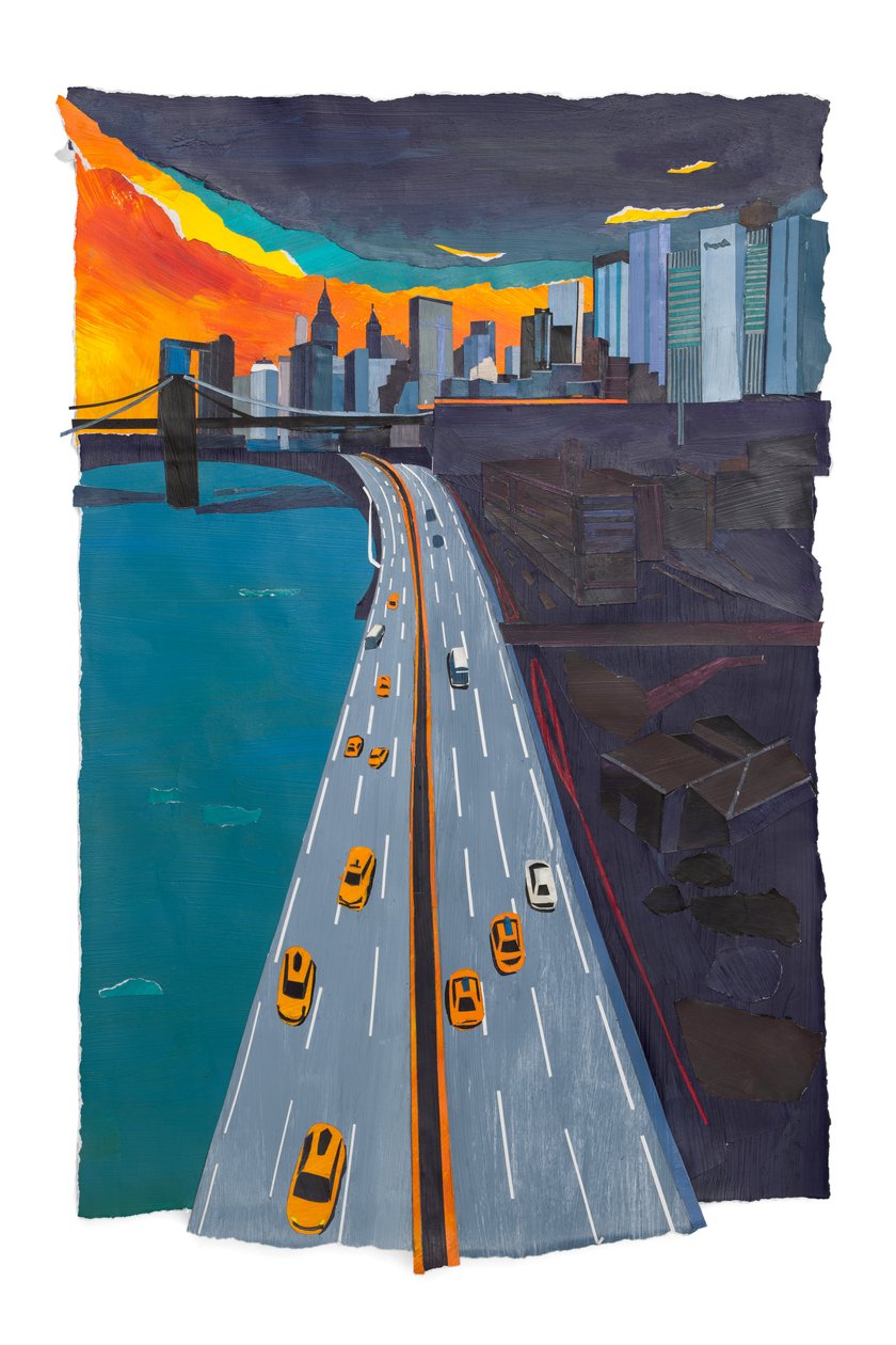 Orange himmel över New York, 2019 (akryl och collage på papper) av Raina Goran