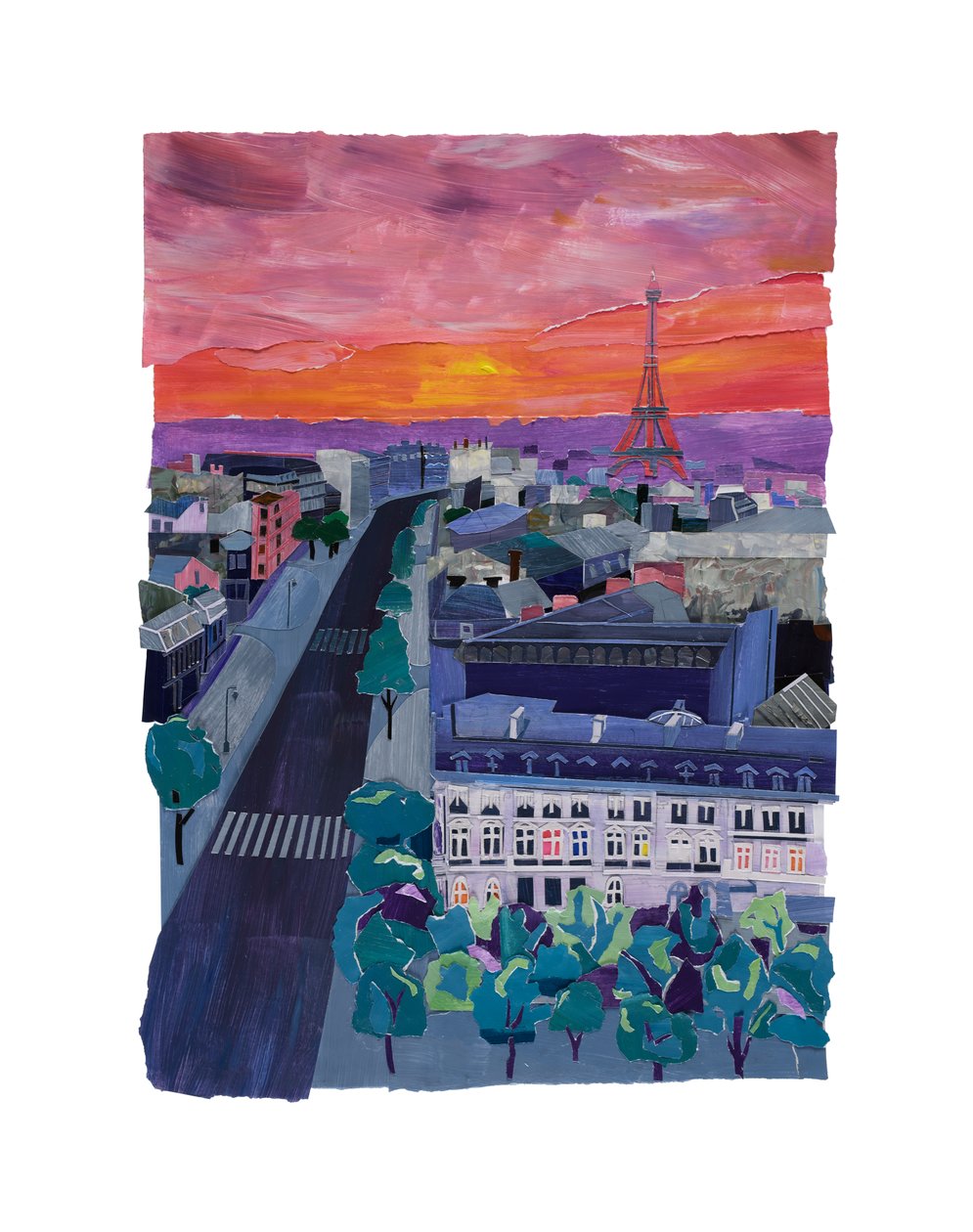 Paris i skymningen, 2021 (akryl och collage på papper) av Raina Goran