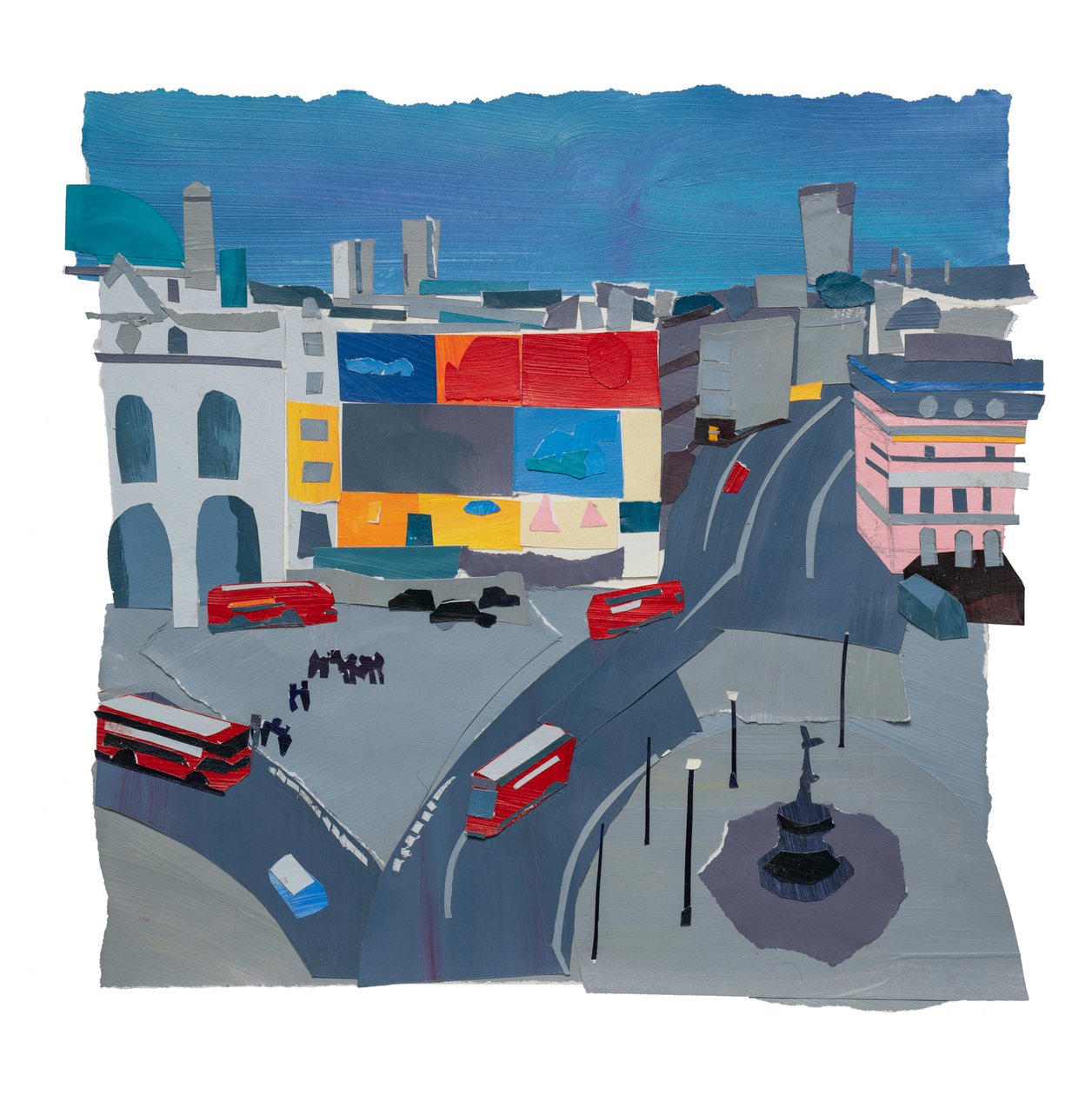 Piccadilly Circus, 2020 (akryl och collage på papper) av Raina Goran