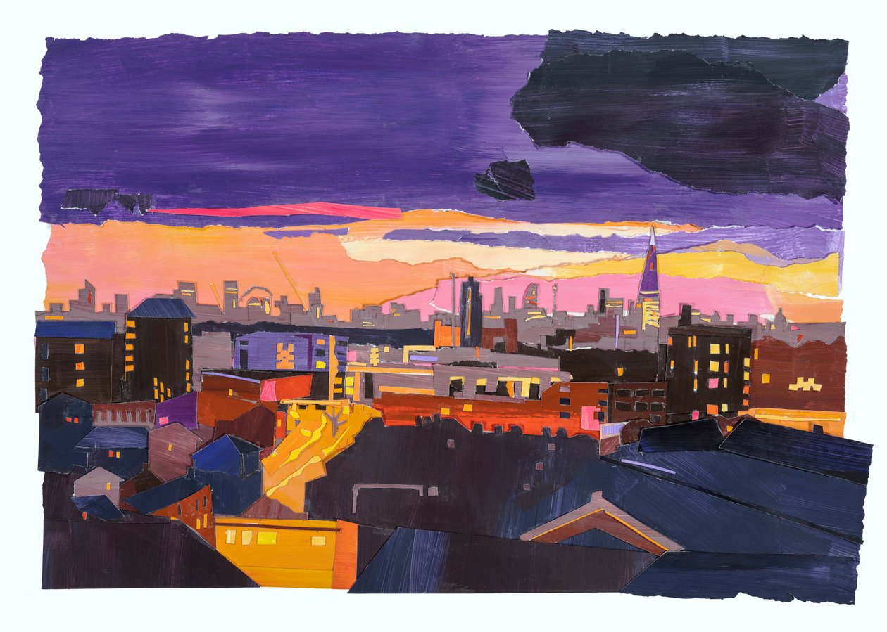 Rooftops over London, 2022 (akryl och collage på papper) av Raina Goran