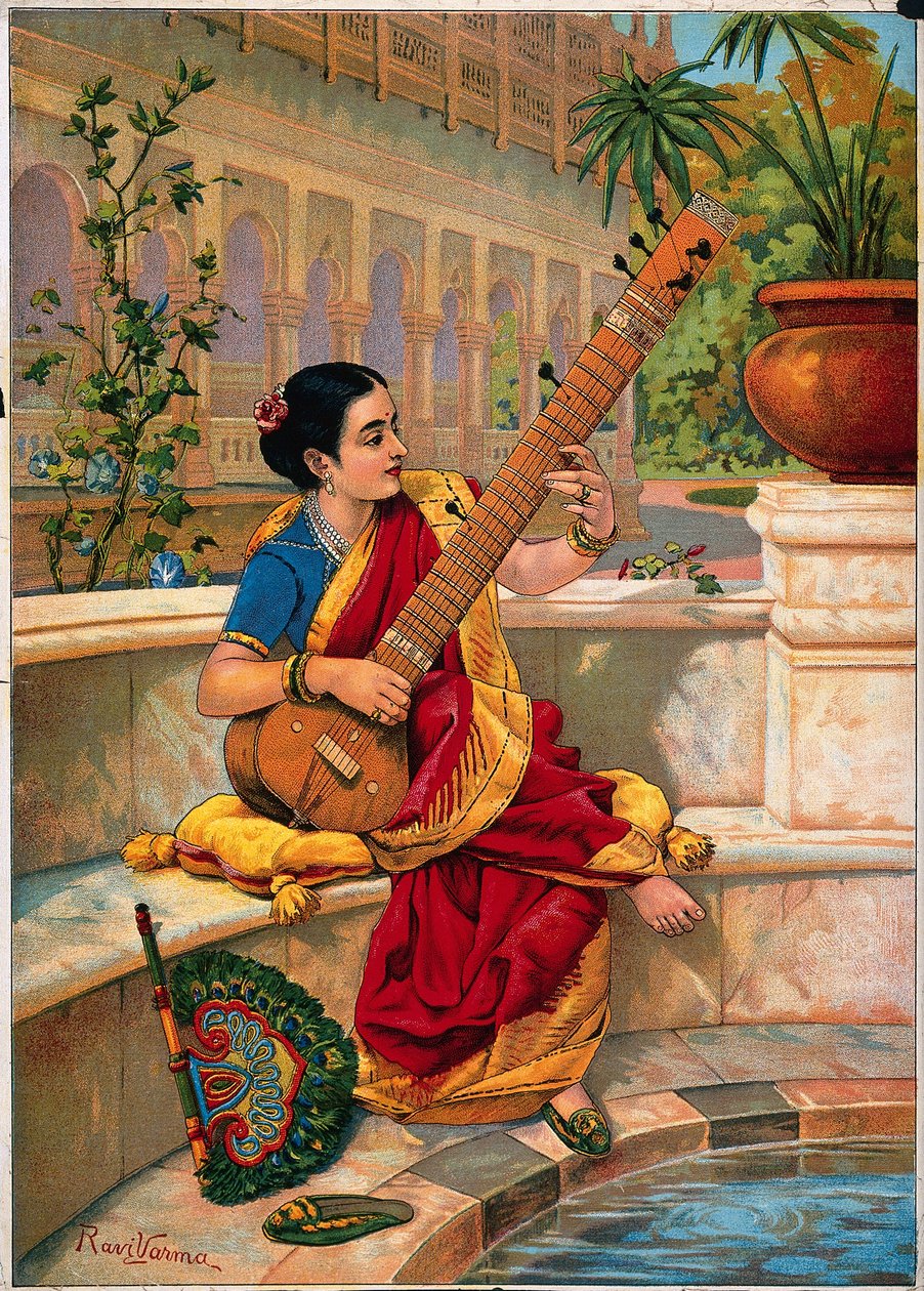 En sittande indisk kvinna spelar sitar intill en trädgårdsdamm. av Raja Ravi Varma