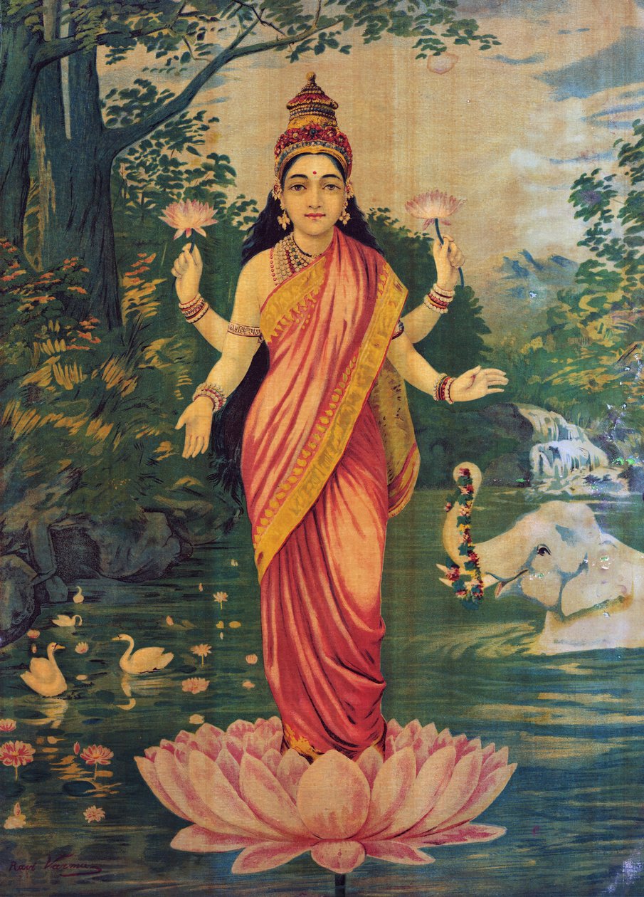 Lakshmi, av Raja Ravi Varma och Ravi Varma Press, 1930-talet, redigera