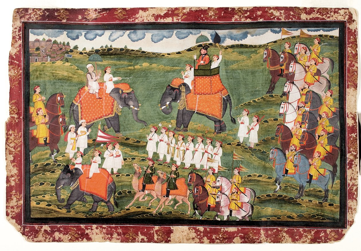 Överste James Tod och Guru Gyanchandra rider på elefanter nära Udaipur, oktober 1822 av Rajasthani School