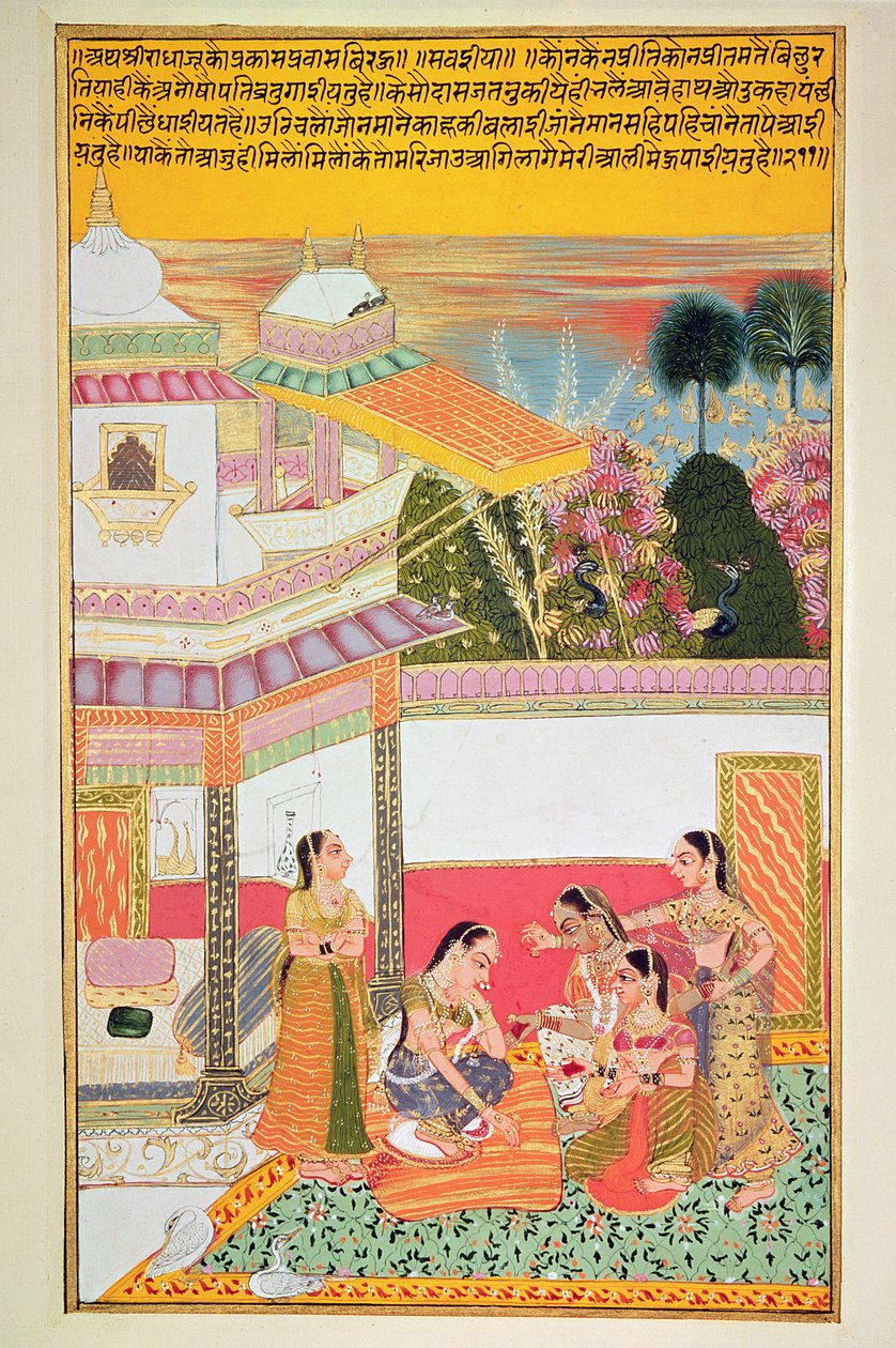 Kvinna som dör handflatorna, från Bundi, 1800 (wc på papper) av Rajasthani School