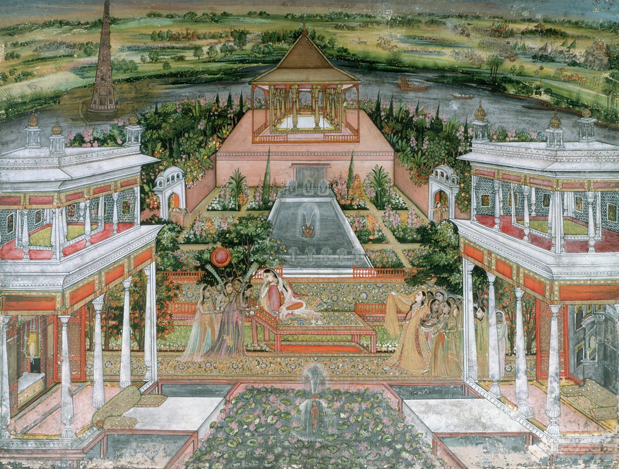 En mogulprinsessa som underhålls av kvinnliga skötare i en palatsträdgård i Rajasthan, 1700 (wc och gouache på papper) av Rajput School