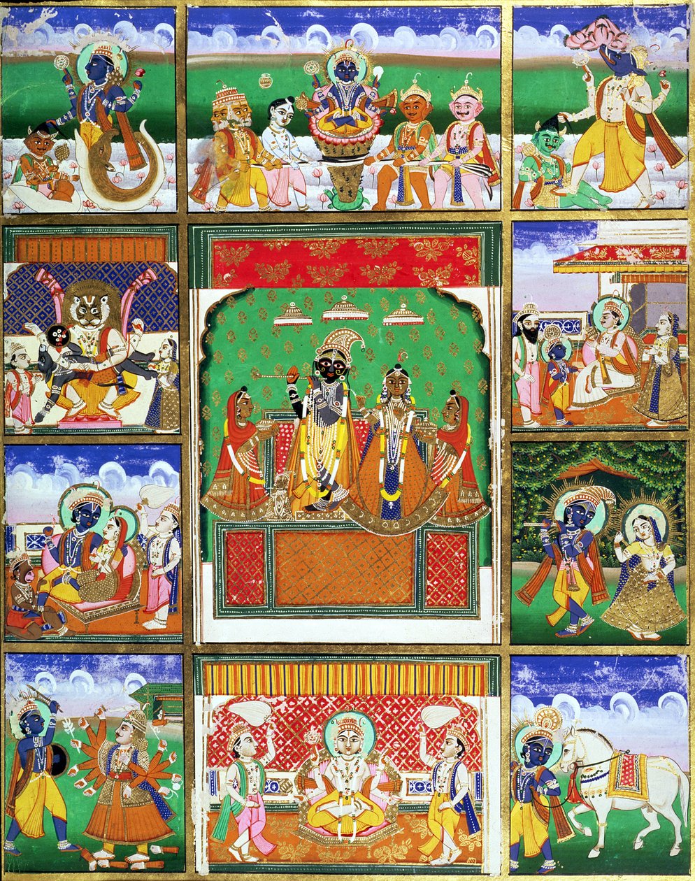 Vishnu i mitten av sina tio avatarer, Jaipur, Rajasthan av Rajput School