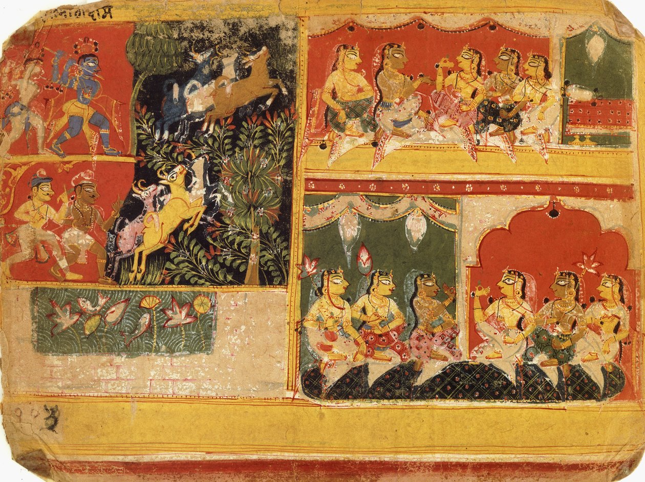 En illustration till "Bhagvata Purana", bok X, kapitel 21, c.1525 av Rajput School