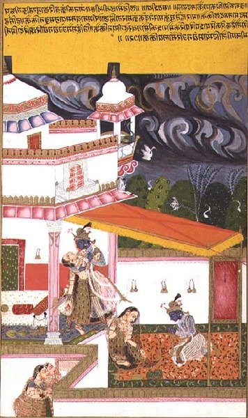 Folio 72. Krishna övertygar Radha när en storm samlas ovanför, från 