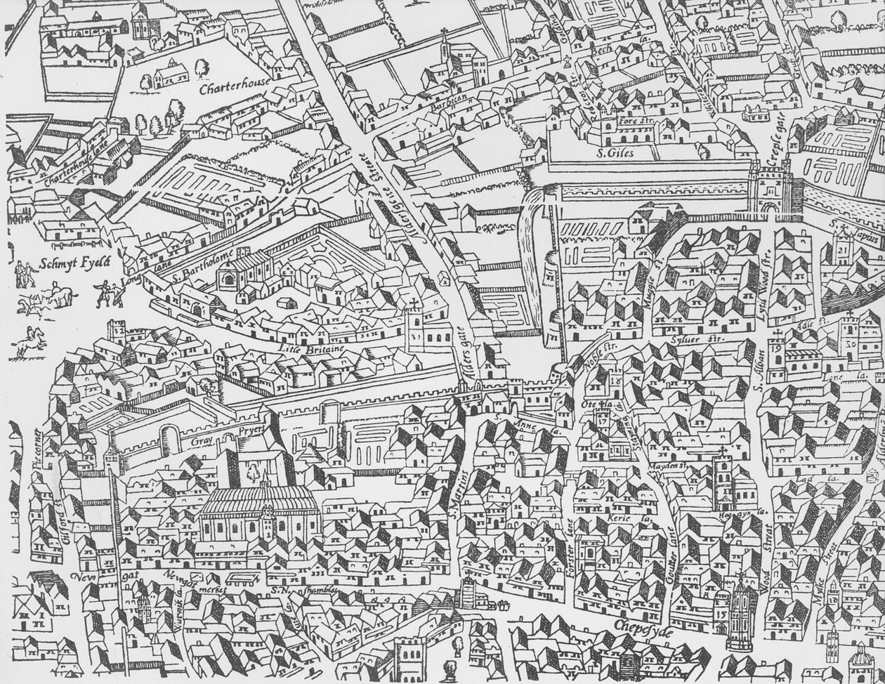 Detalj av London Wall East of Smithfield från Civitas Londinium träblocktryck av Ralph Agas