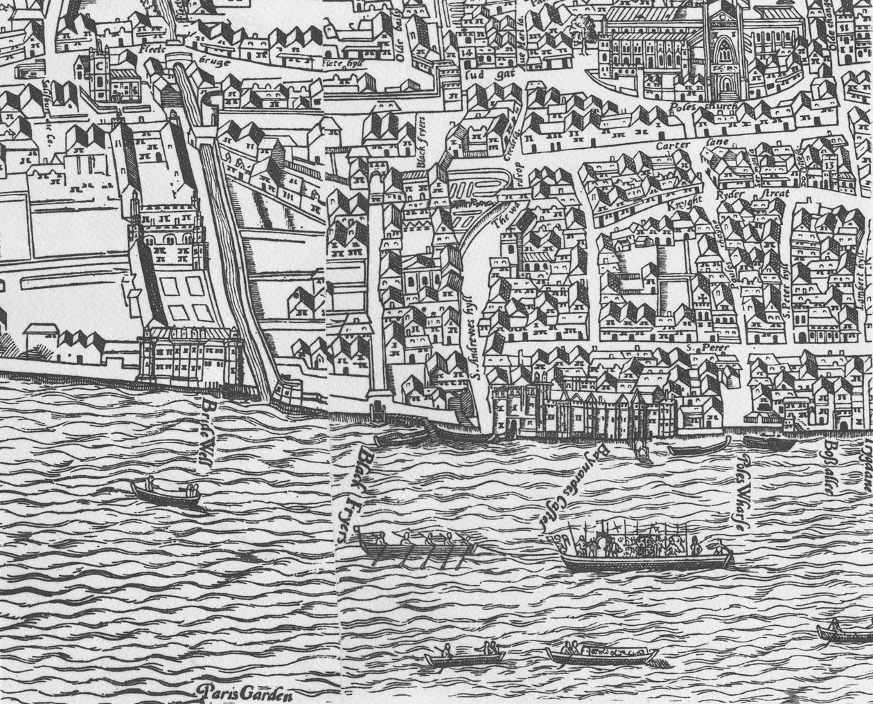 Detalj av Themsen och St Pauls katedral från Civitas Londinium träklosstryck av Ralph Agas