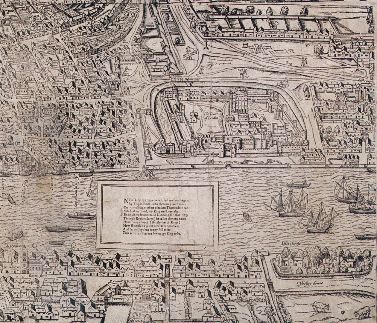 Detalj av Tower of London, från "Civitas Londinum", karta över London, 1560 av Ralph Agas